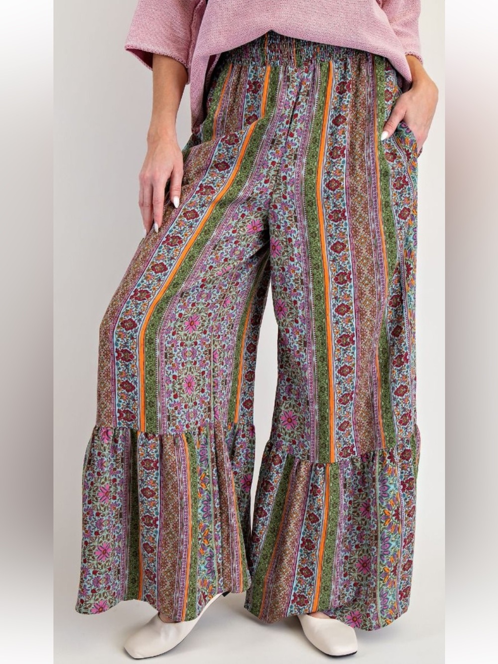 439 EASEL PRINTED RAYON RUFFLED PANTS